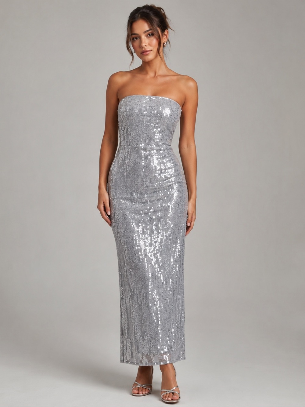 Dynamite Silver Strapless Sequin Column Dress - Picture 1 of 6